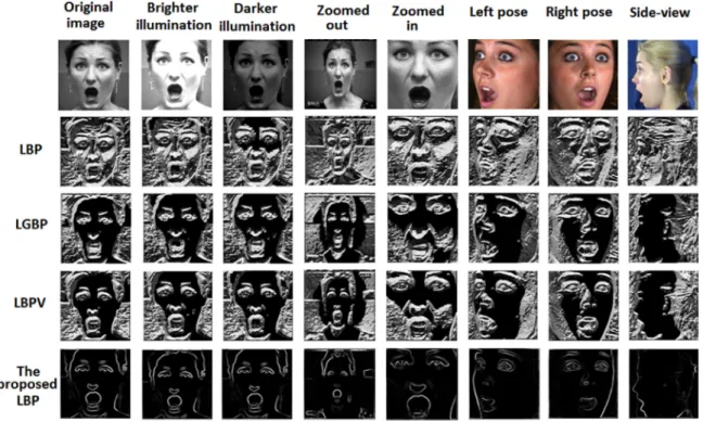 Fig. 3. Example outputs of all the LBP operators for images with illumination changes (the 2nd and 3rd columns derived from CK + ), scaling differences (the 4th and 5th  columns derived from CK + ) and rotations (the 6th and 7th columns from BU-3DFE and th