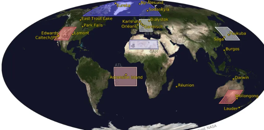 Figure 9. Regions used to train the machine-learning regressor comprising the Arctic (ARC), the western United States (WUS), centralEurope (CEU), Japan (JAP), the Sahara (SAH), the South Atlantic (ATL), and Australia (AUS)