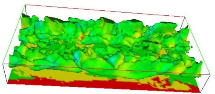 Fig. 1. Iso-surface of one slice in the temporal dimension of a wind-velocity vector field (raster data) generated by a climate modeling simulation.