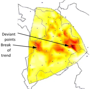 Figure 5: Red/dark colour indicates areas of large  variations of the control network distortions