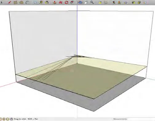 Figure 7: The COLLADA file created for the complex scene imported into Apple Preview. This view shows the tangent lines for both cast-off patterns and the impact pattern, the im-pact pattern’s area of ori-gin, and the approximate planes of motion of each of the cast-off patterns.
