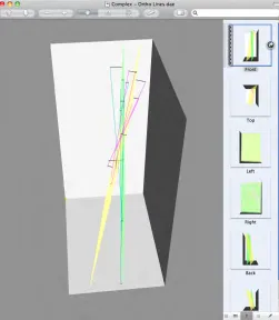Figure 8 (top left): The ed into Google SketchUp 8. This view shows the im-pact pattern’s area of ori-gin and the approximate planes of motion of each COLLADA file created for the complex scene import-of the cast-off patterns.