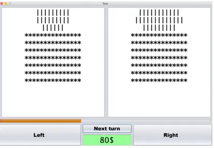 Figure 1.Figure 1. Prognostic task interface. With “left” and “right” buttons the participant could make the final decision about the part of the screen with most vertical lines, “next turn” button revealed the next row of vertical lines (masked by “*” sym