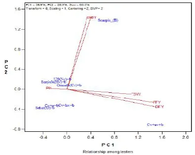 Figure 12, Vector view mixtures by trait biplot, showing the interrelationship among measured traits for “Oat variety Scarpia” with 8 mixtures combinations