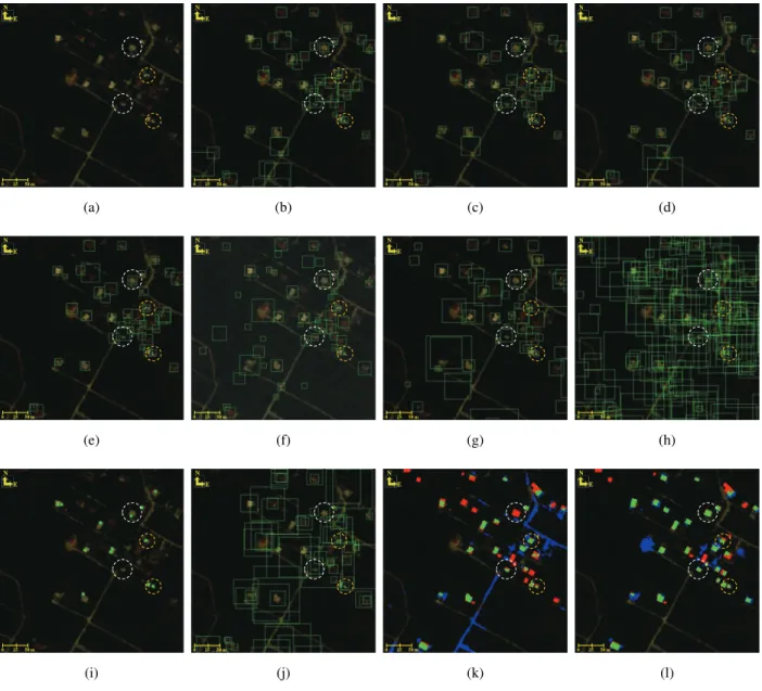 Fig. 10. Comparison of the tested methodologies in a part of a satellite image depicting buildings with spectral variations in their rooftops (white circles) and buildings covered partially by vegetation (orange circles)