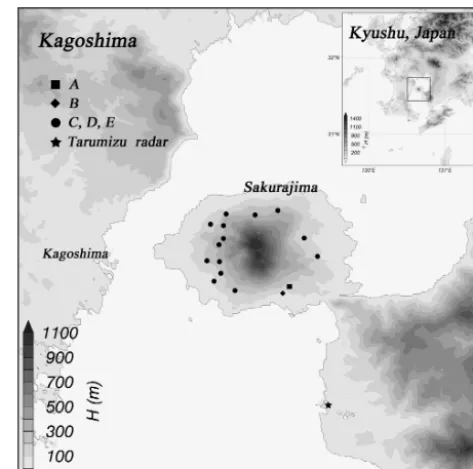 Figure 3. The locations of tephrometers and Showa crater on Saku-rajima, Japan. Black symbols indicate the locations of tephrometers,and the star, square, and circle symbols correspond to data sets A,B and C–E, respectively
