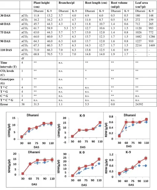 Table 1: The mean per se values and analysis of variance of morphological parameters of groundnut genotypes  (Dharani & K-9) under aCO2 and eCO2 conditions at different growth stages 