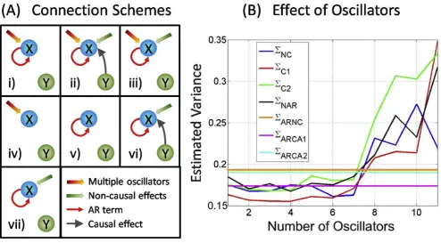Figure 5Schematic connection plots and estimated variance for different number of oscillatorsschemes for causal and non-causal influence when there are or not harmonic oscillators
