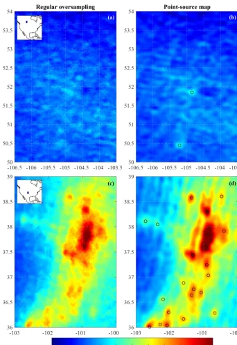 Figure 4. NHand panels3 point sources over Canada (a, b) and the US (c, d). Panels (a, c) show maps produced with a regular oversampled average, (b, d) depict the corresponding NH3 point-source maps