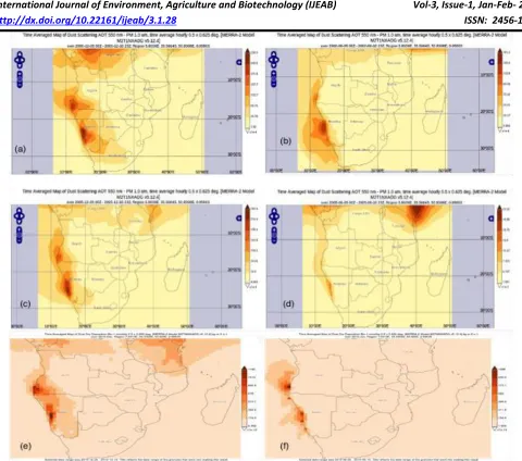 Fig. 8: Dust concentrations between (a) summer and (b) winter respectively. Contours indicate increasing particle  concentration and scales colour-coded in terms of concentration maxima.Source: MODIS onboard the Aqua satellite measurement (http://giovanni.