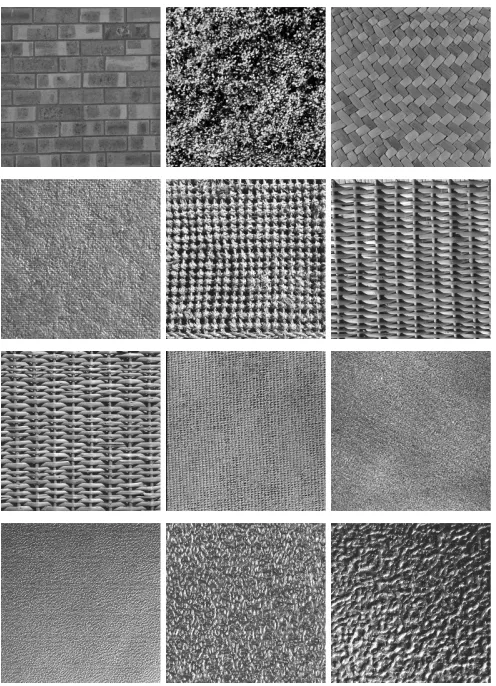 Fig. 3. Texture samples from the MIT VisTex database: Brick.0001 (m(1); Leaves.0003 (m2); Fabric.0001 (m3); Fabric.0007 (m4); Fabric.0009m5); Fabric.0013 (m6); Fabric.0014 (m7); Fabric.0017 (m8); Fabric.0018 (m9); Metal.0001 (m10); Metal.0002 (m11); and Metal.0005 (m12).