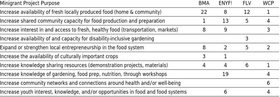 Table 3. Diverse and Multiple Purposes of Minigrant ProjectsThe column totals exceed the number of grants awarded by those organizations because grant projects often served multi-ple purposes