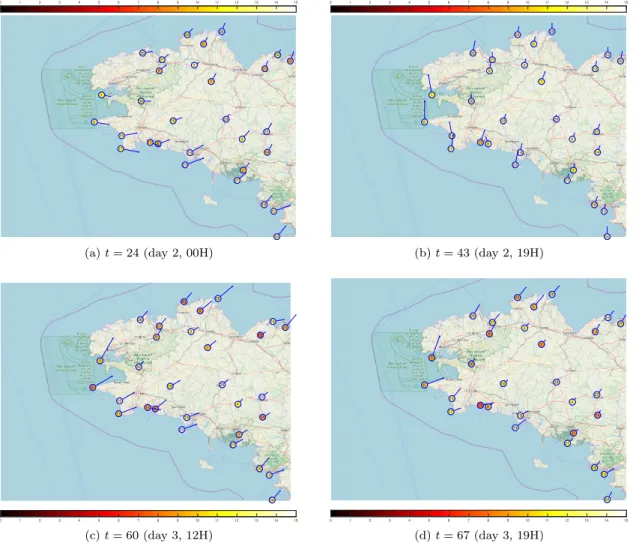 Figure 4: Visualization of some snapshots of Mol` ene Dataset. Each point represents a weather station (see Fig