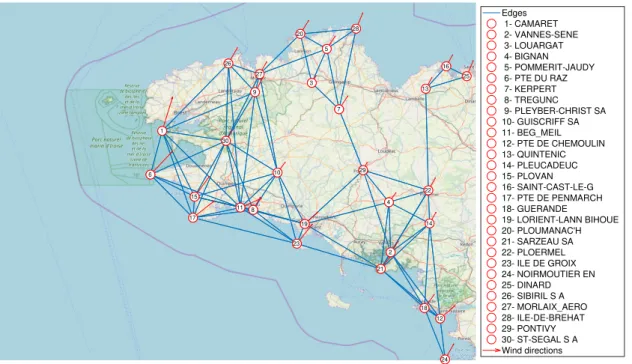 Figure 5: Recovered graph from wind direction–speed data. Three main subgraphs are present, in the west, in the north and in the south–east
