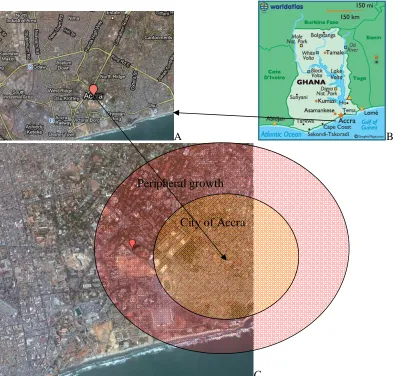 Figure 1: A and B- Context Maps of Accra and Ghana; C – Conceptual Boundaries of the City of Accra and that of the Peripheries Merged to form One Entity 
