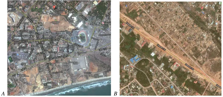 Figure 2: Maps Juxtaposition of (A) Portion of Accra City Central Core and (B) Portion of Periphery [Suburban] of Accra, Ghana 
