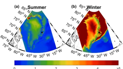 Figure 6. Figures showing the correlation between winter (a), summer (b) and annually (c) averaged RECAP δ18O and HIRHAM5 temper-atures