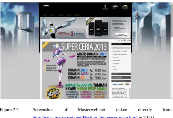 Figure 2.2  Screenshot  of  Masterweb.net  (taken  directly  from  http://www.masterweb.net/Hosting_Indonesia-main.html in 2013) 