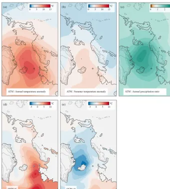Figure 3. Millennial-scale components of the boundary forcing. (a) SAT anomalies (interstadial minus stadial) in degrees Celsius