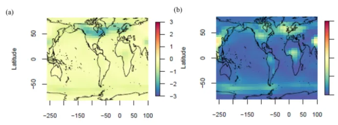 Figure 6. LGM-PRE (a–b) and PRE (c–d) fractional sea ice cover ENS104 means (a, c) and standard deviations (b, d)