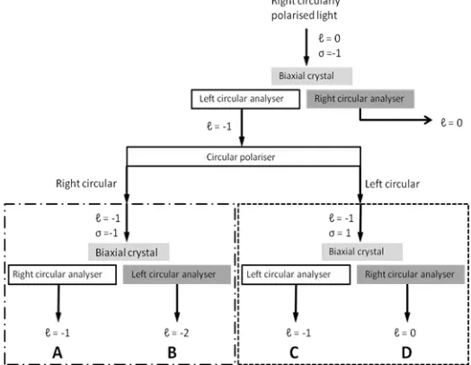 Fig. 1. Schematic diagram of the cascade conical refraction process. Outputs A,B,C and D are discussed in the text