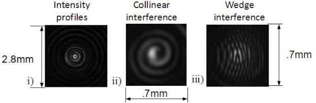 Fig. 4.  = 1 component of Path A and Path C from Fig. 1.(i) intensity profile (ii) collinear interference with a Gaussian beam (iii) wedge interference with a Gaussian beam