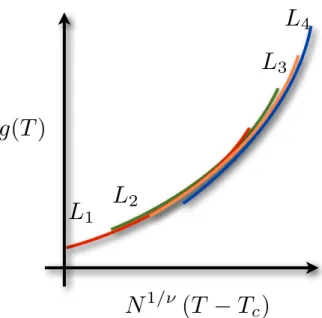 Figure 2.6: Sketch of finite-size scaling analysis of Binder ratio g(T ) for the Sherrington-Kirkpatrick model with different system sizes N as a function of N 1/ν (T − T c )
