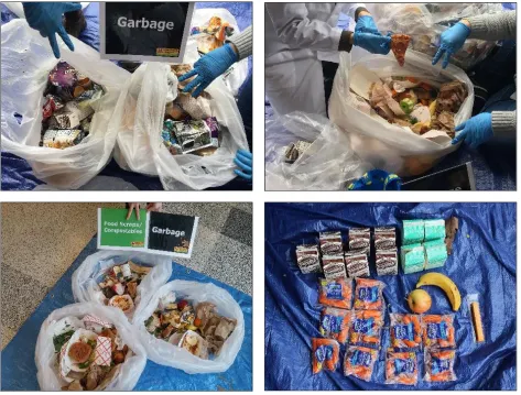 Figure 1. Top left: Garbage bags from lunchroom bins, prior to audit teams’ sorting.; Top right: Audit teams separate every piece of waste per its classification as trash, recycling, or compost.; Bottom left: Post-sort compost items that were sorted out of