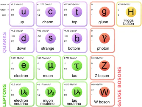 Figure 1.2: The relevant attributes of particles in the Standard Model [2]. (Im- (Im-age sourced from http://en.wikipedia.org/wiki/File:Standard Model of Elementary Particles.svg).