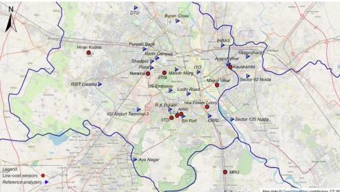 Figure 2. Locations of the 22 reference nodes (triangles with italic text) and 10 low-cost nodes (circles) that form the Delhi PM sensornetwork