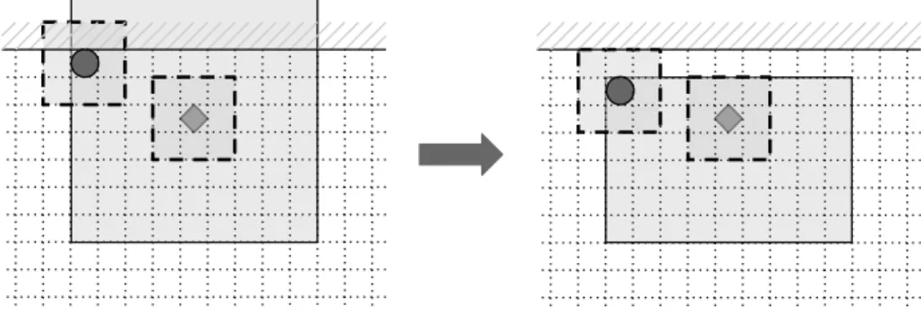 Figure 2.5: Example of boundary condition (b) and its resolution. Diamond marks the reference pixel.