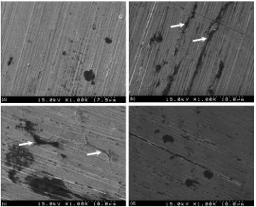 Figure 2.Figure 2. The surface appearance of alloys after immersion tests in the 3.5 wt % NaCl solution for 30 days: (a) FeCoNiCr; (b) FeCoNiCrCu0.5; (c) FeCoNiCrCu; and (d) 304 L (white arrows point to the localized corrosion caused by electrochemical att
