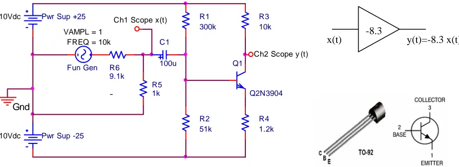 Figure 1: Circuit Diagram of the common-emitter amplifier. The pin layout for the transistor is shown to the right