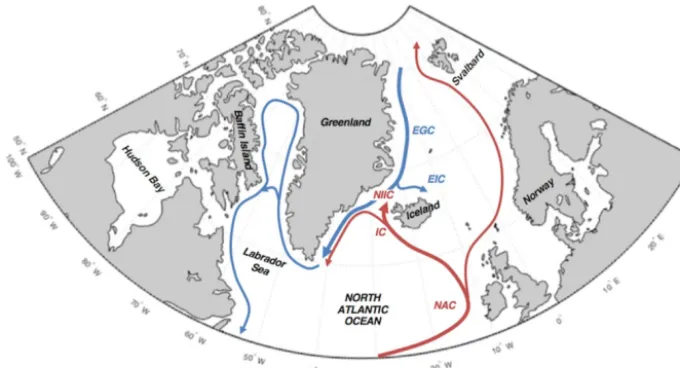 Figure 1. Location of Iceland in the northern North Atlantic relative to the major ocean surface currents