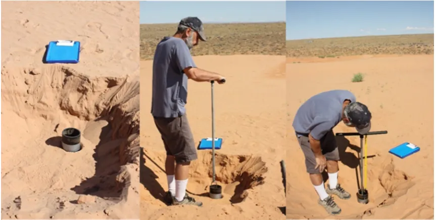 Figure 1.Figure 1. Hand-augering in Kanab Sand Dunes, southern Utah. Polyvinyl chloride (PVC) casing is inserted in top of auger hole to provide a reference platform for depth control and prevents influx of surface sediment downhole