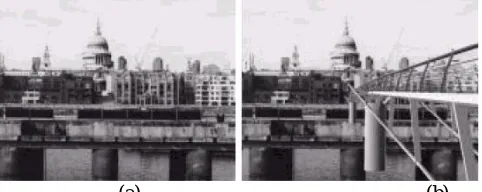 Figure 2.1 – Example of augmented reality for bridge building.(a) The untouched scene showing a view of a proposed bridge location