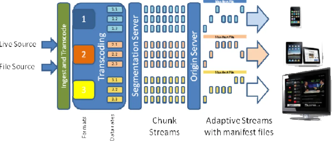Figure 1: Ingest, transcoding, segmentation and adaptive streaming. 