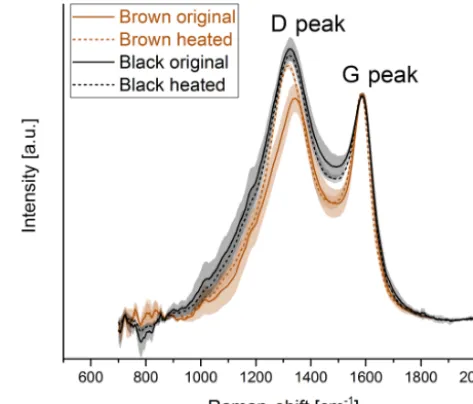 Figure 7. Comparison of the Raman spectra of the original andheated (870 ◦C He) samples for the brown and the black sample.The D peak of the spectrum of the brown sample reaches the heightof the D peak of the black sample when the sample is heated to870 ◦C in He.