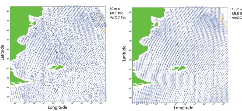Figure 15. WindRad-retrieved wind ﬁeld. (a) First rank solution. (b) 2DVAR result. The orange ﬂags are artiﬁcial QC points and may beignored.