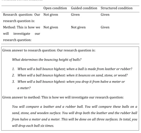 Table 1: Overview of differences in given information regarding research question and method on worksheets between conditions