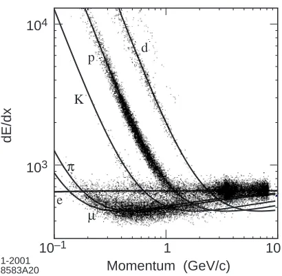 Figure 2.6: dE/dx measurements in the DCH shown as a function of trackmomentum. The overlaid curves are Bethe–Bloch predictions calculated fromcontrol samples of each of the labelled particle types [47].