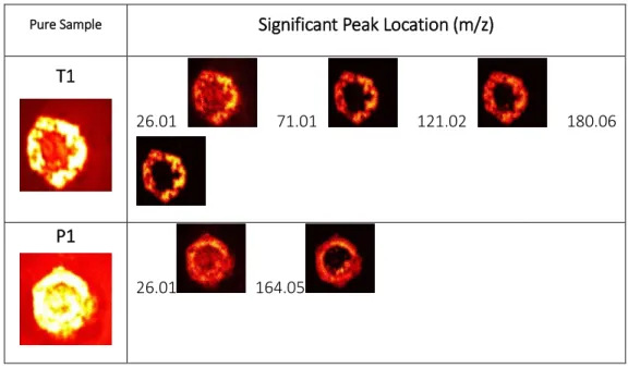 Table 3.2 Significant peaks identified from PC loadings produced using PCA for pure T1 and P1 samples