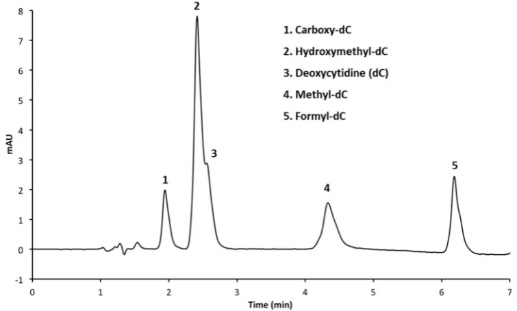 Figure 2.Figure 2. HPLC chromatogram of five deoxycytidine analogs on a C18 column with phosphate buffer (pH = 4)