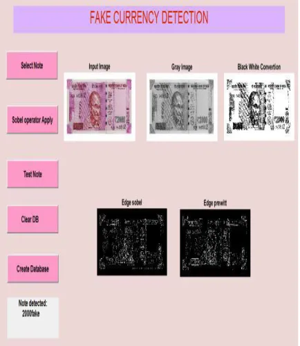 Fig 2 shows the detection of notes in which the clustered feature of the given image is compared with the dataset of the image and classified it as an original image