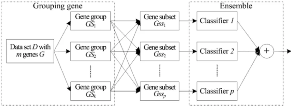 Fig. 1. A framework of ensemble gene selection by grouping technique, where k and p are the quantities of gene groups and subsets.