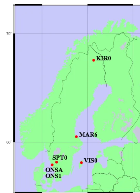 Figure 1. The ﬁve sites used in the study. Two antenna installations,ONSA and ONS1, are co-located together with the VLBI telescopeand the WVR at the Onsala site