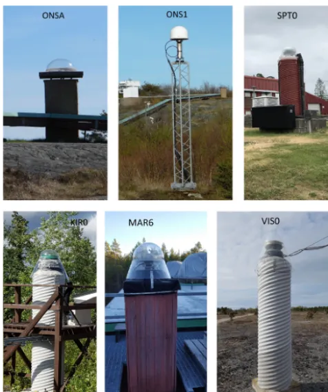 Figure 2. The six antenna installations used to acquire the GPS data.See Fig. 1 for their geographical location.