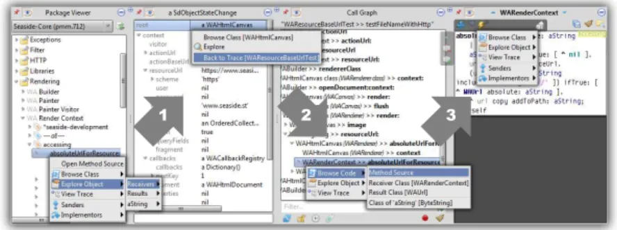 Fig. 6: Screenshot of the prototypical implementation, called vivide. Each column offers context menus to access further static or dynamic data