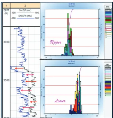Figure 5. A normalization result panel showing the lower adjusted portion and respective histograms for upper and lower zones shown as B and C in figure 4