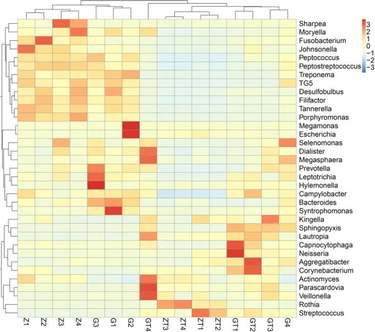 Figure 6: Relative abundance of the top 35 most prevalent genera in subgingival plaque samples before and after  intervention